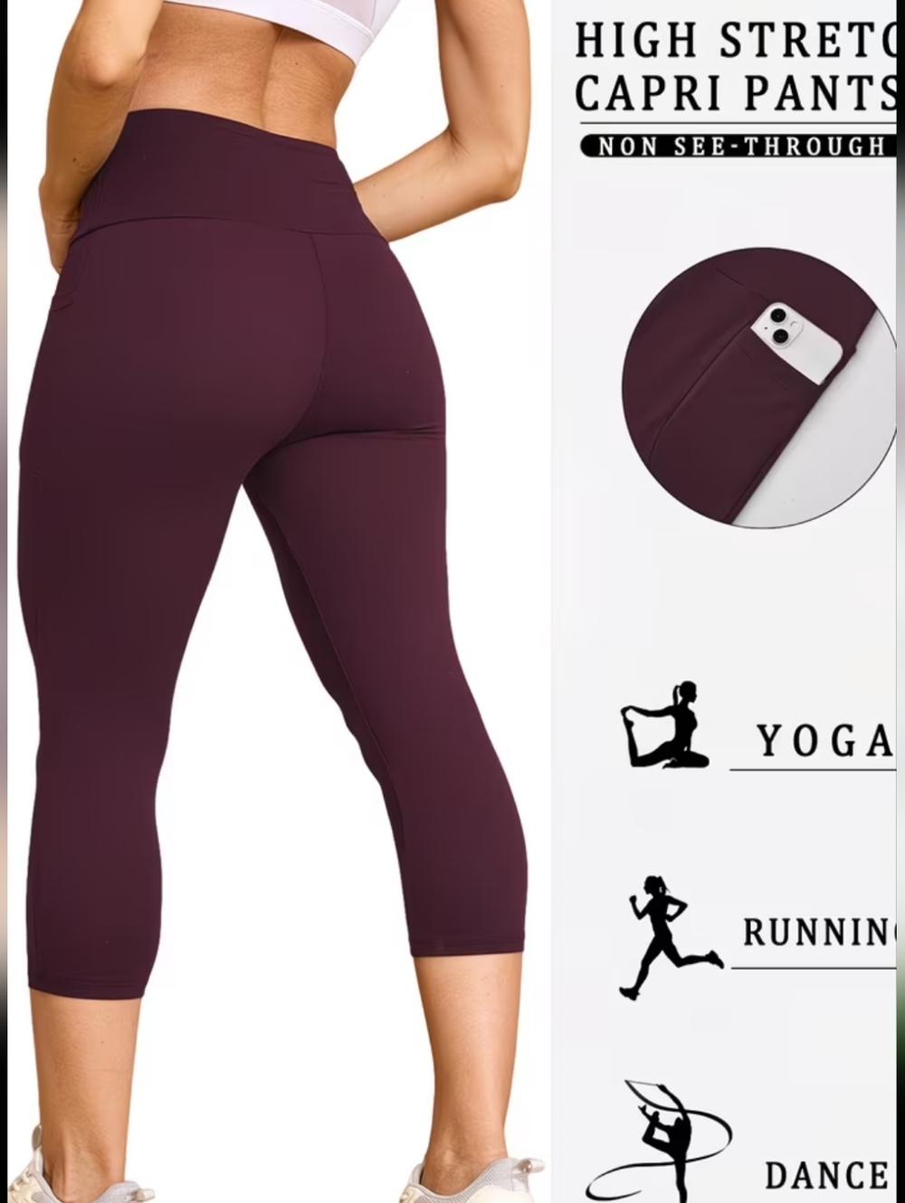Women’s High-Rise 3/4 Pocket Leggings - Deep Plum - Picture 3 of 3
